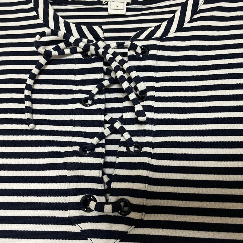 J. Crew Striped Nautical Mini Dress Medium Short Sleeves Lace Up Coastal H9354